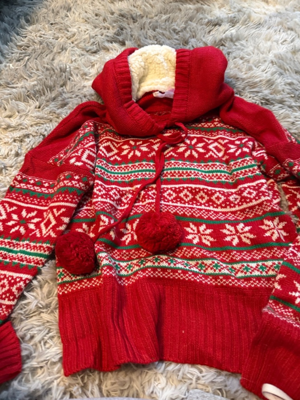 No Boundaries Red Fair Isle Hooded Sweater with Pom-Pom Ties